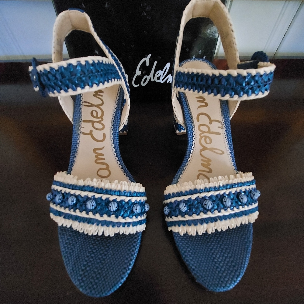 Sam Edelman Olisa blue woven raffia saddles, size 7.5